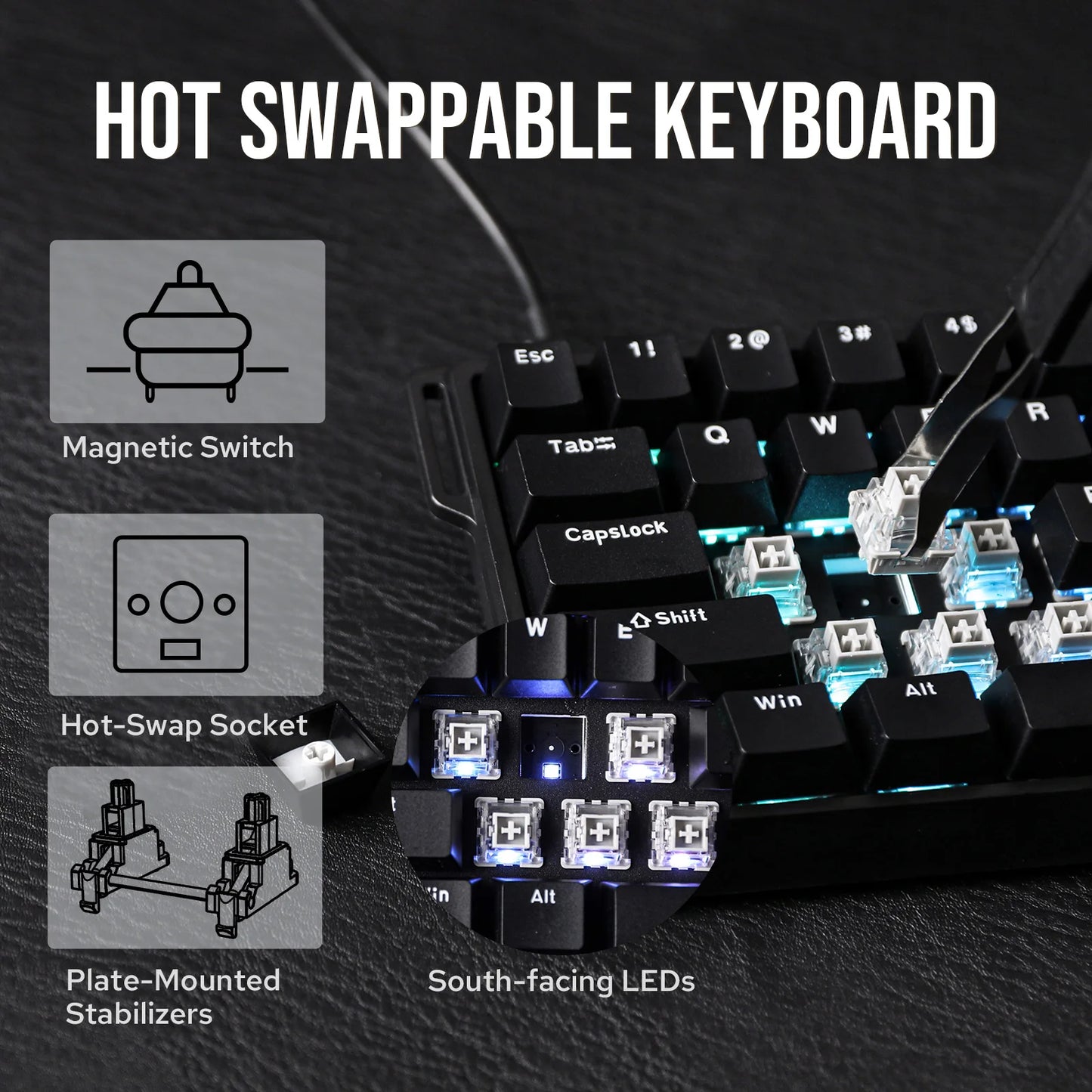 Teclado mecánico intercambiable en caliente del 60 por ciento aluminio RGB Hall