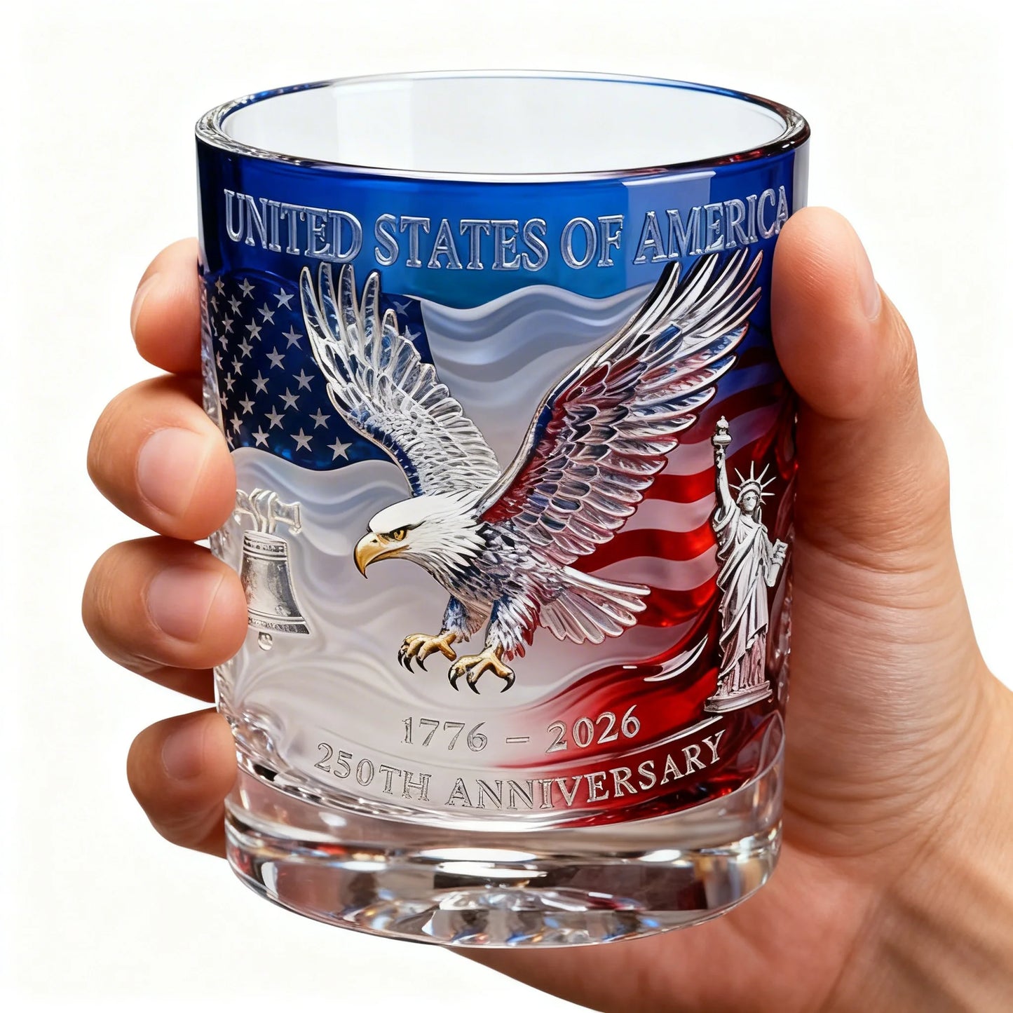 Patriotic Whiskey Glass Hand Blown Eagle Glassware USA 250th Anniversary Rotating Cup Gift Idea