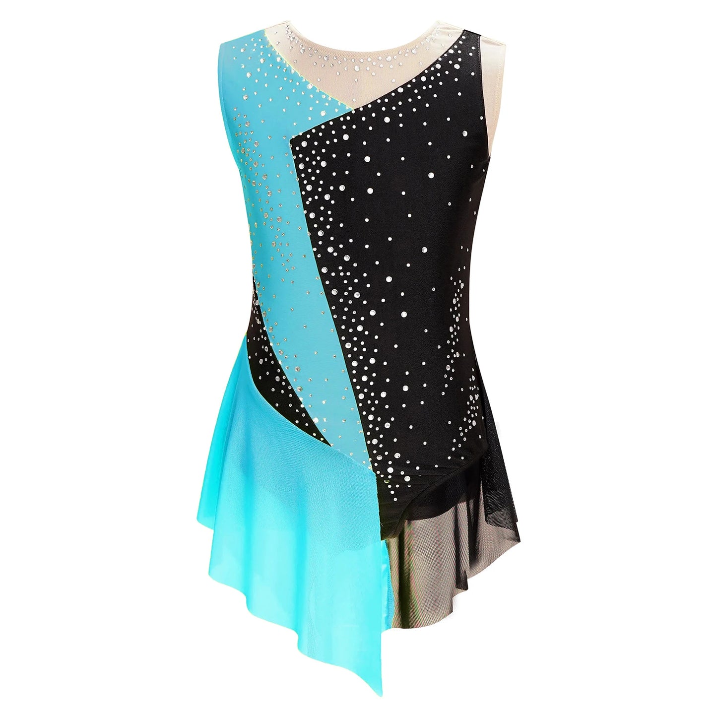 Stretchy Flattering Girls' Dance Leotard - Sleeveless Rhinestone Mesh Top, Polyester, Nylon, Elastane, For Competition