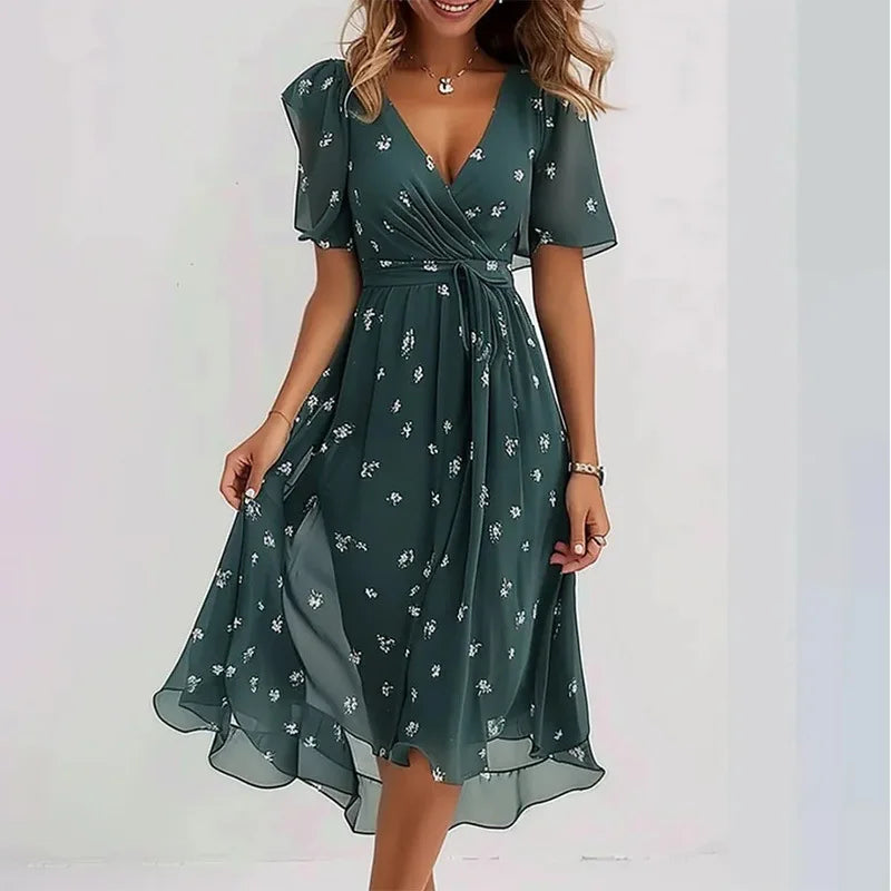 Sexy Deep V-neck Print Women's Summer Dresses - Elegant Swing Party Office Wear
