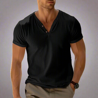 Beach Holiday Casual Men's V-Neck T-Shirt Top - Soft Solid Color Summer Fitness Wear
