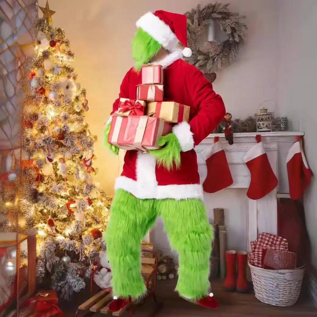Groene cosplaykostuumset van de animeversie van de Kerstman met hoed, handschoenen, riem en masker voor Halloween en carnaval 2026