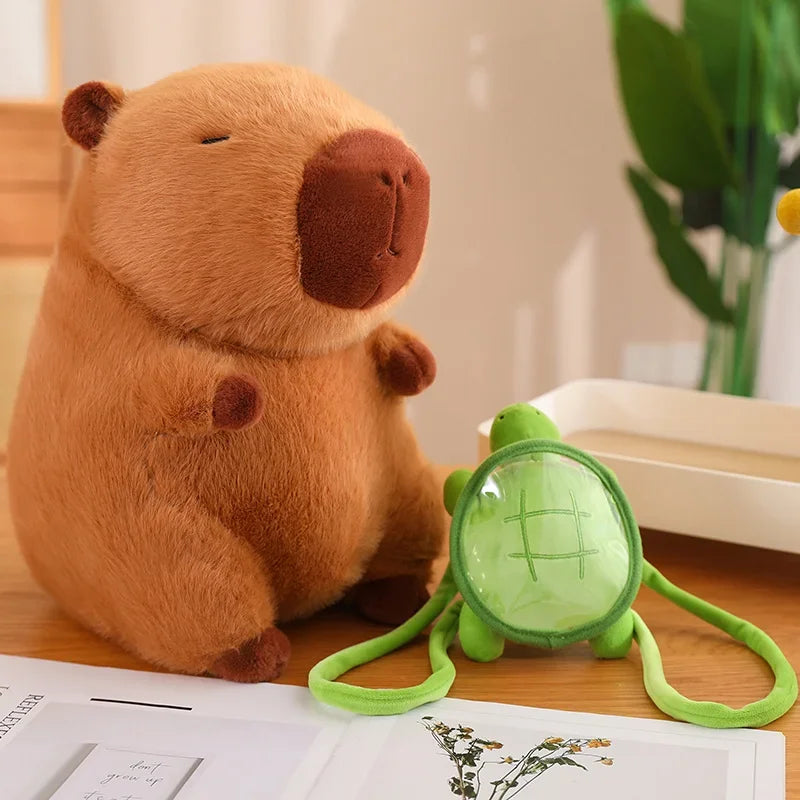 Kawaii Capybara Plush Toy - Fluffy Stuffed Animal with Turtle Bag & Strawberry Cap, Ideal Birthday Gift for Kids & Home Decoration