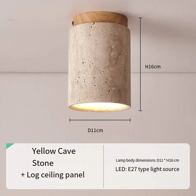 Japandi Travertine Ceiling Light Wood Cap Round Mid Century Lamp