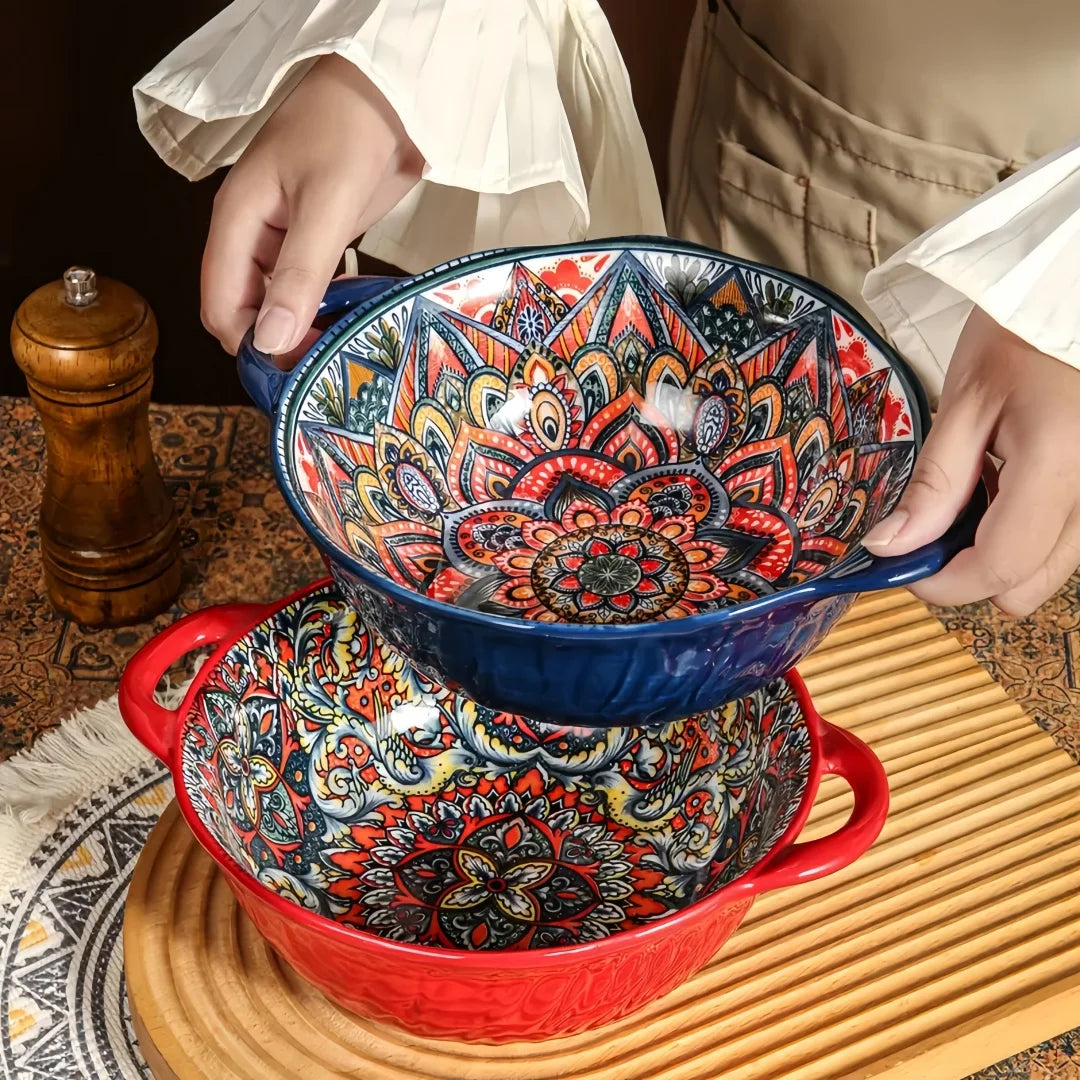 Keramische Soepkom Boheemse Handgreep Geëmboste Magnetron