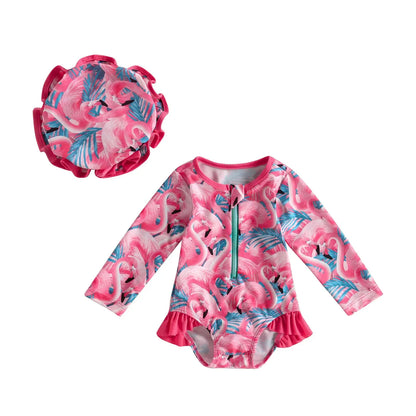 Let spædbarn pige badedragt heldragt – langærmet lynlås, flamingo blomsterprint, polyester, til sommer