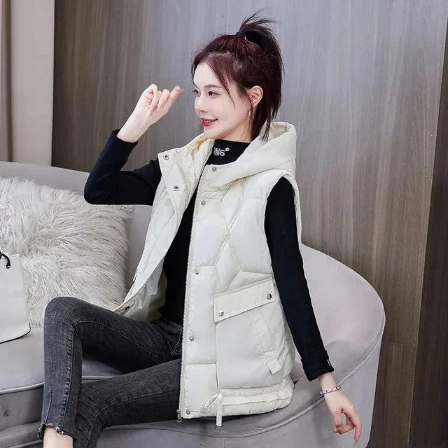 Warm Cozy Women Puffer Vest - Hooded Midlength, Winter