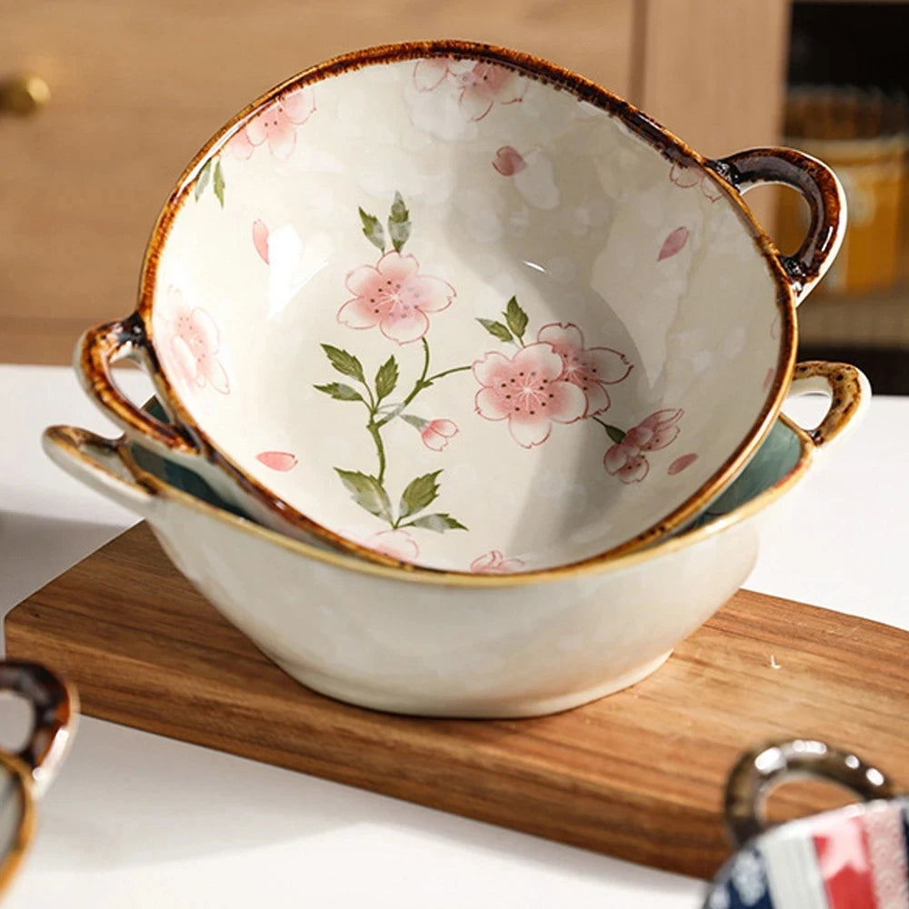 Keramisk nudelskål 7.5 tum med dubbla handtag blommig skål