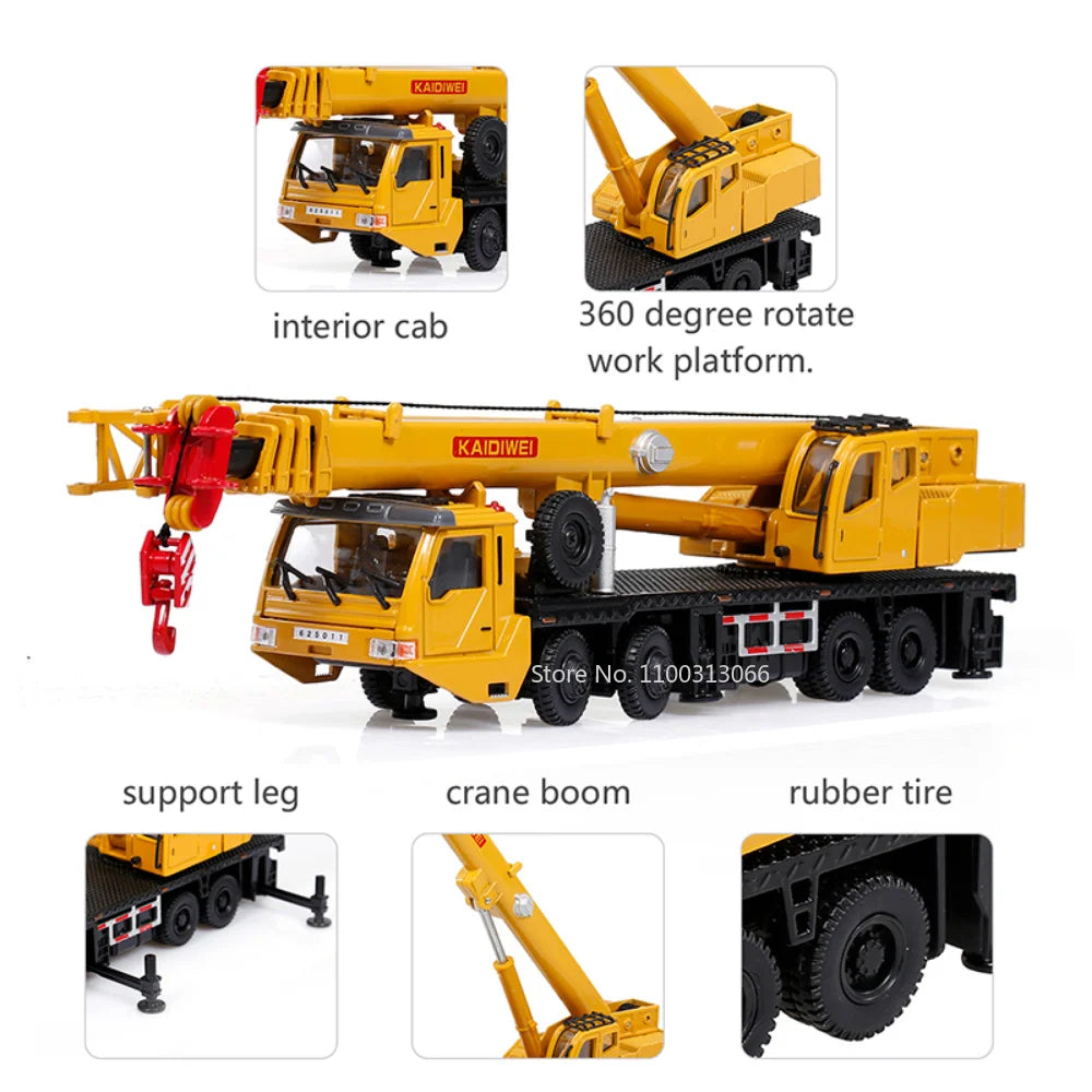 Scale Alloy Diecast Engineering Crane Toy - 360° Rotating, Four-Wheel Steering Model for Kids