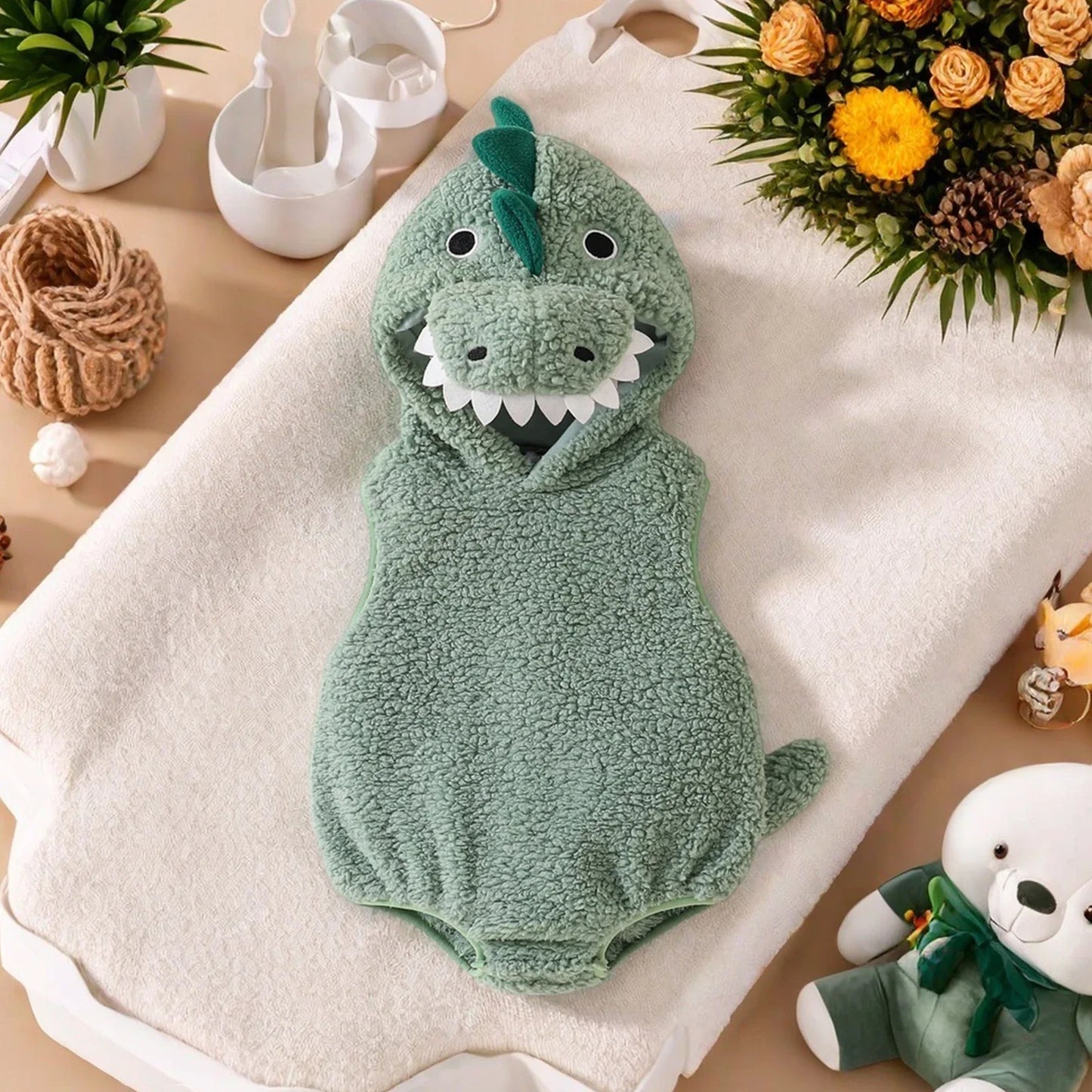 Baby Dinosaur Halloween Romper Plush Hooded Sleeveless