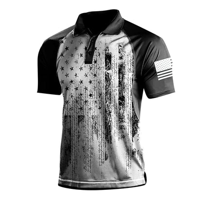 Breathable Men's Polo Shirt - Classic Polo, Distressed USA Flag Print, Athletic Wear