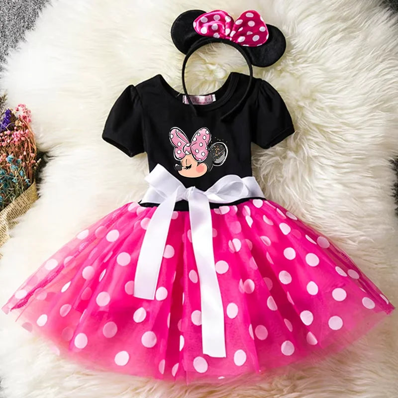 Leichtes Mädchenkleid mit Minnie-Maus-Motiv – knielanger Tupfen-Tutu, Baumwoll-Polyester-Voile, Geburtstagsfeier