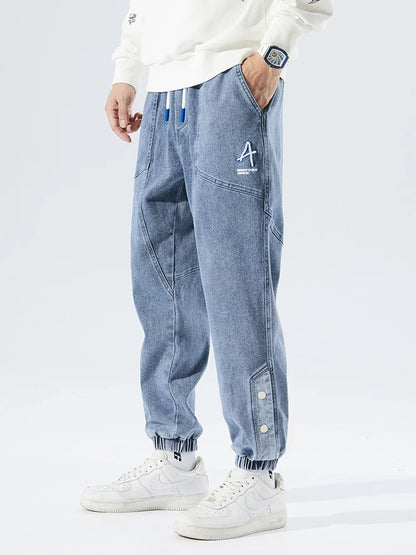 Strækbare afslappede herre denim joggers - løstsiddende tilspidsede, denim