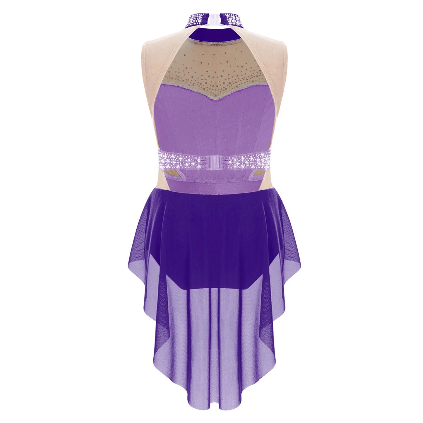 Stretchy girls' leotard - rhinestone mesh yoke, sleeveless, polyester, nylon, elastane, for lyrical dance performance
