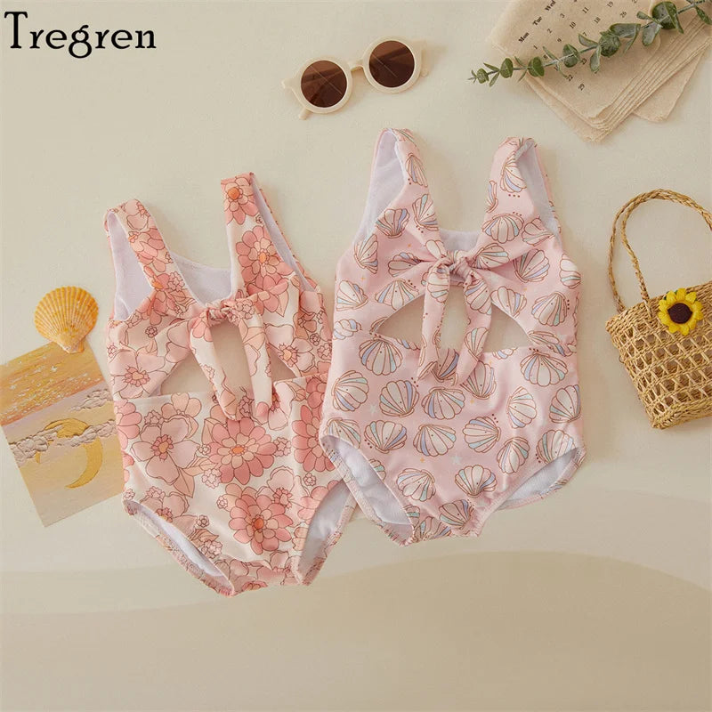 Soft Toddler Girls' One-Piece Swimsuit - Floral Print Bow-Tie Detail, Polyester, For Summer