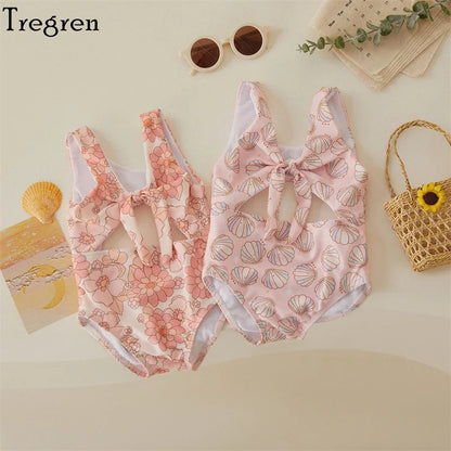Soft Toddler Girls' One-Piece Swimsuit - Floral Print Bow-Tie Detail, Polyester, For Summer