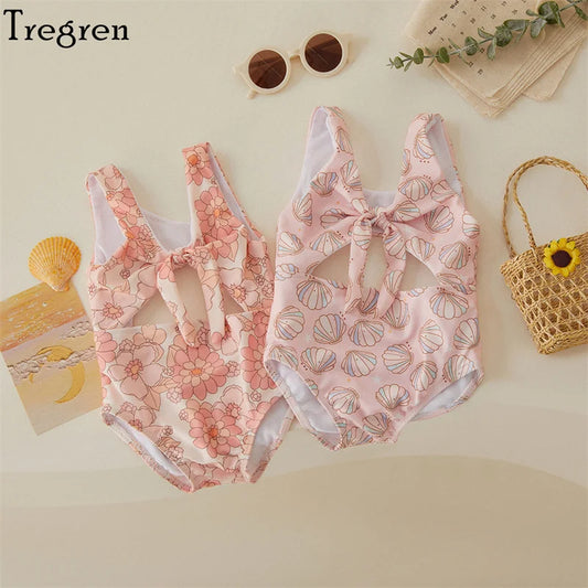 Soft Toddler Girls' One-Piece Swimsuit - Floral Print Bow-Tie Detail, Polyester, For Summer