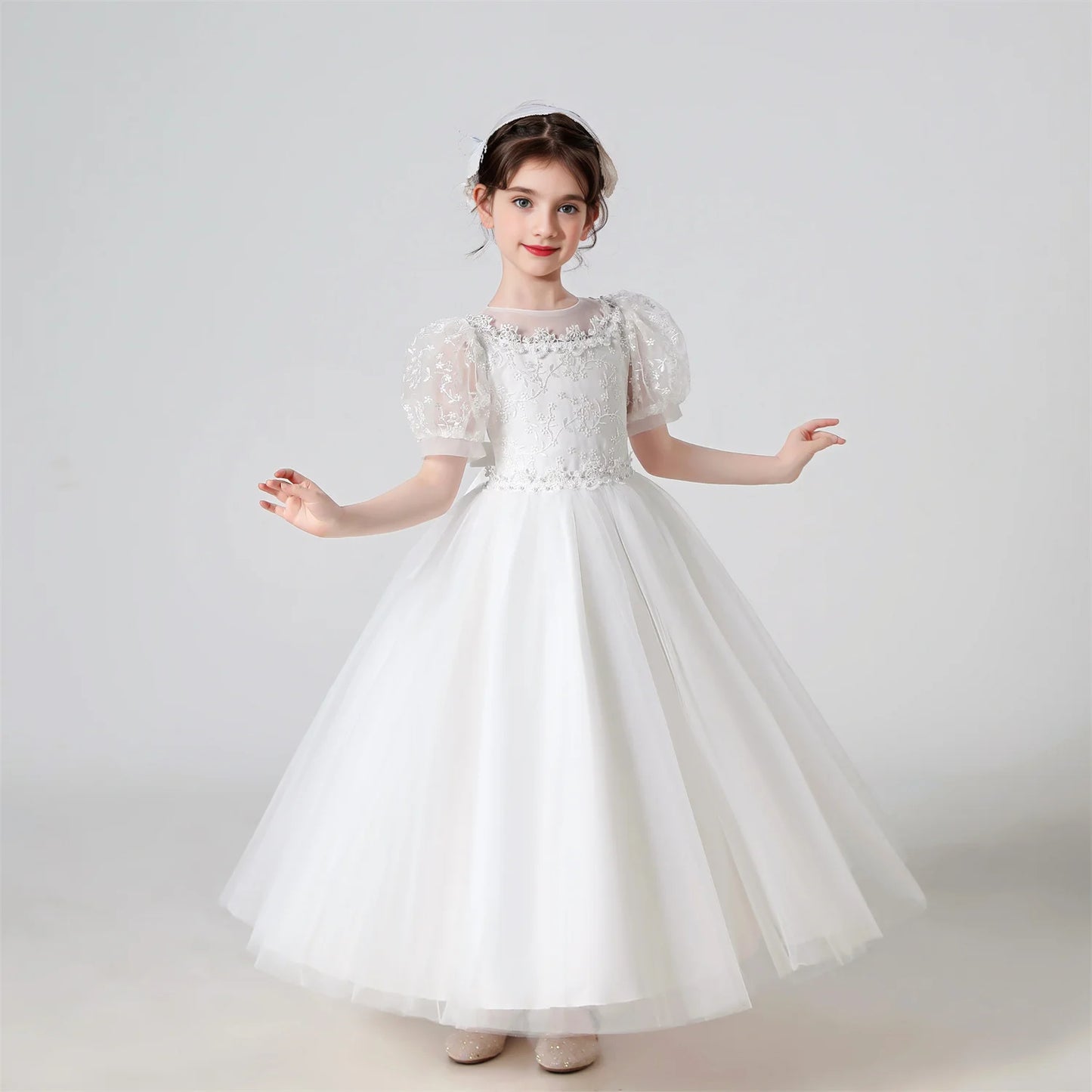 Soft Girls' Dress - Flowy Princess-Cut Lace-Embroidery, Polyester, Wedding Party
