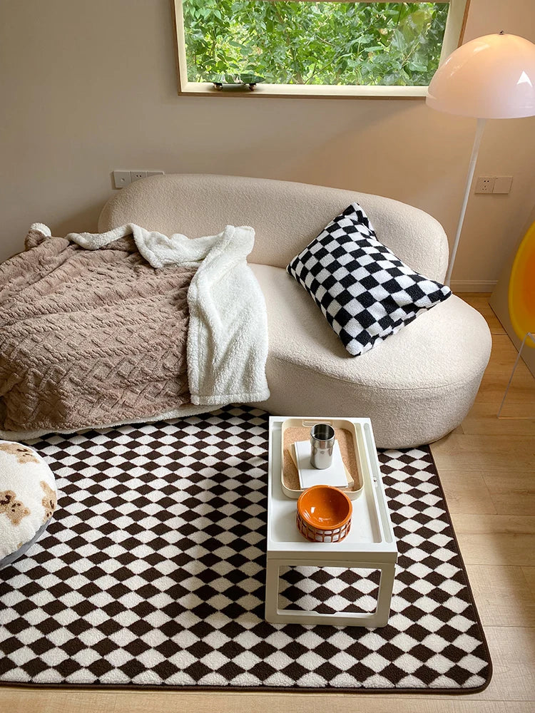 Checkerboard Plush Area Rug Japanese Style Minimalist