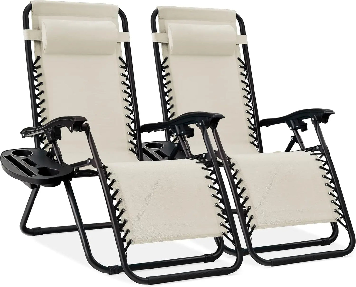 Adjustable Steel Mesh Zero Gravity Lounge Chairs with Cup Holders & Pillows - Portable Recliners for Outdoor Relaxation and Comfort