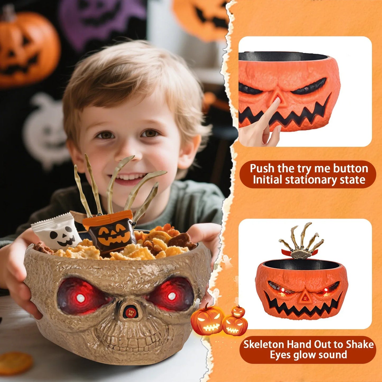 Halloween slikskål bevægelsessensor spøg med LED-øjne og skelet hånd, Halloween 2025 fest midtpunkt