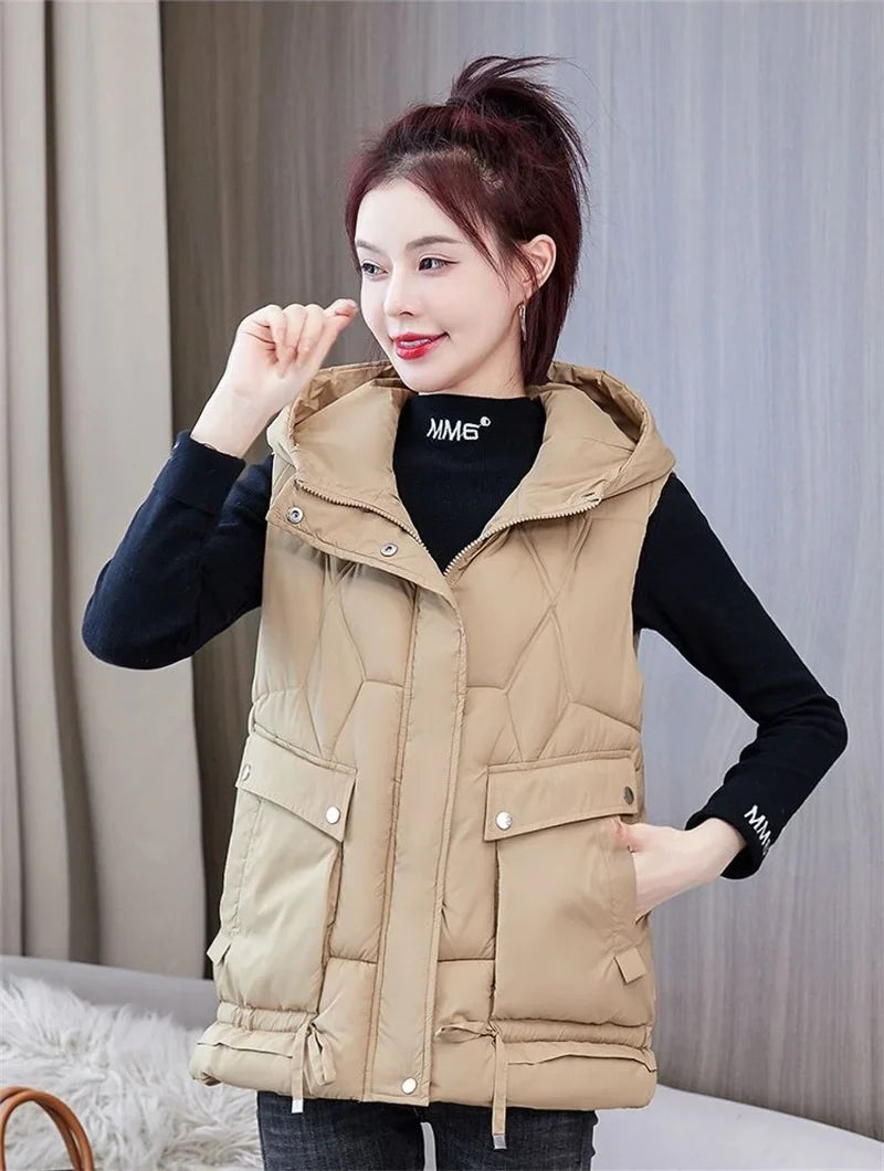 Warm Cozy Women Puffer Vest - Hooded Midlength, Winter