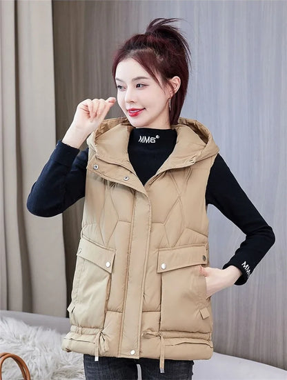 Warm Cozy Women Puffer Vest - Hooded Midlength, Winter