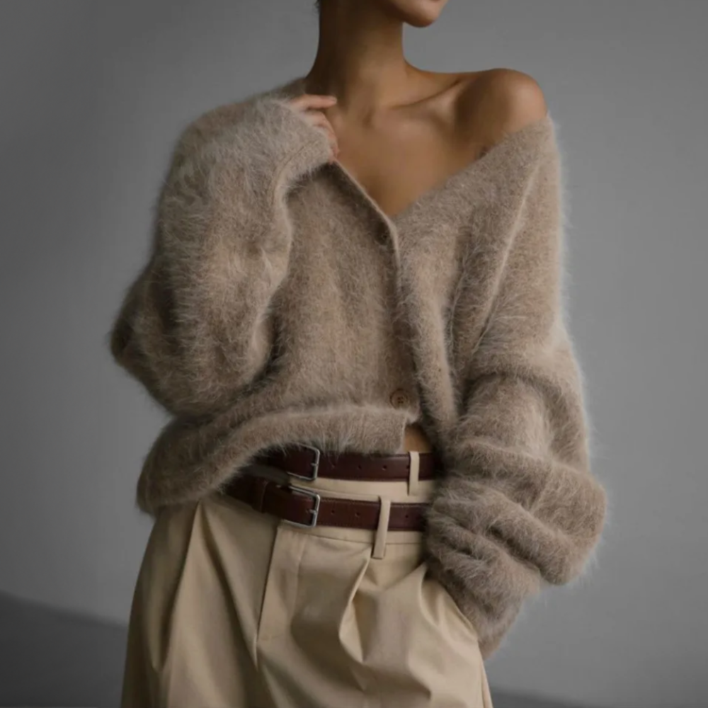 Weicher Gemütlicher Damen-Cardigan - Oversized V-Ausschnitt, Flauschiger Strick