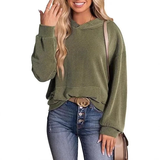Lightweight Relaxed Womens Hoodie - Ribbed Knit, Casual