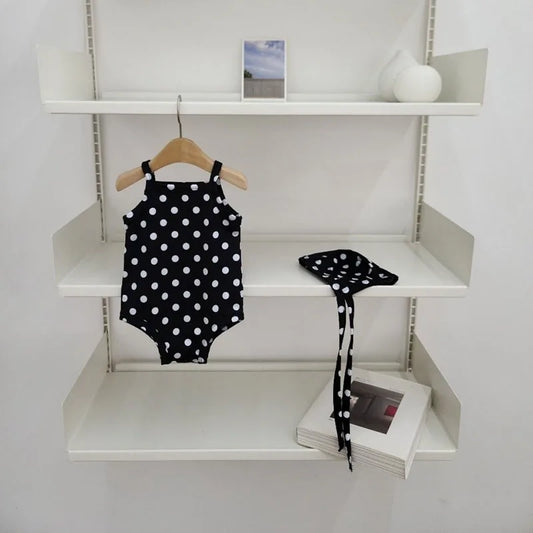 Lightweight baby girls' one-piece swimsuit - polka-dot suspender style with hat, nylon, cozy for summer beach wear