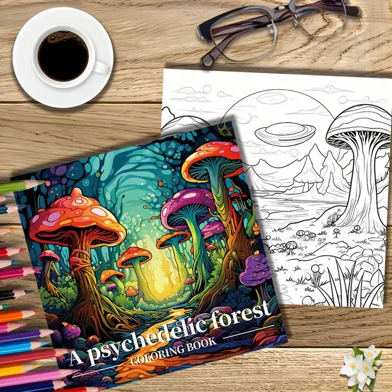 Coloring Book 22 Page Psychedelic Forest Stress Relief Activity Gift Fall 2025 Trend