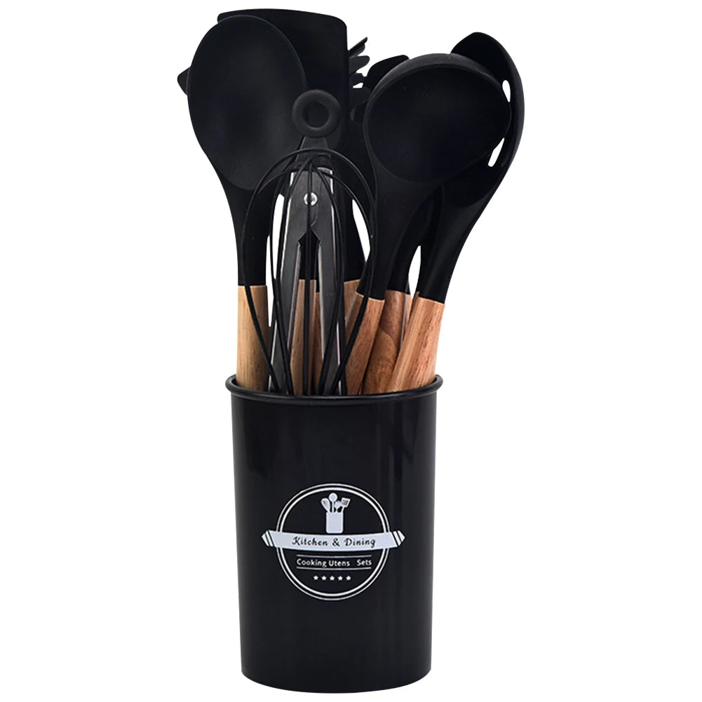 12-Piece Heat-Resistant Silicone Kitchen Utensil Set with Wooden Handles & Storage Bucket - Ideal Cooking Tools for Home Chefs