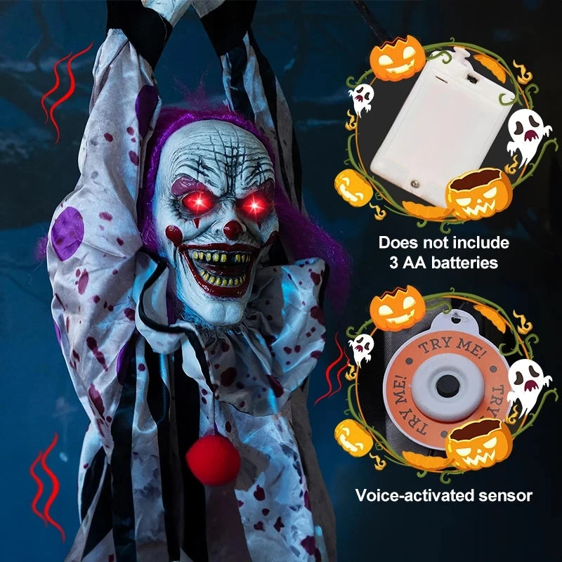 Animatronische hangende clownverpleegster met spraakbediening, elektrisch Halloween-griezelrekwisiet voor buiten en spookhuizen 2026