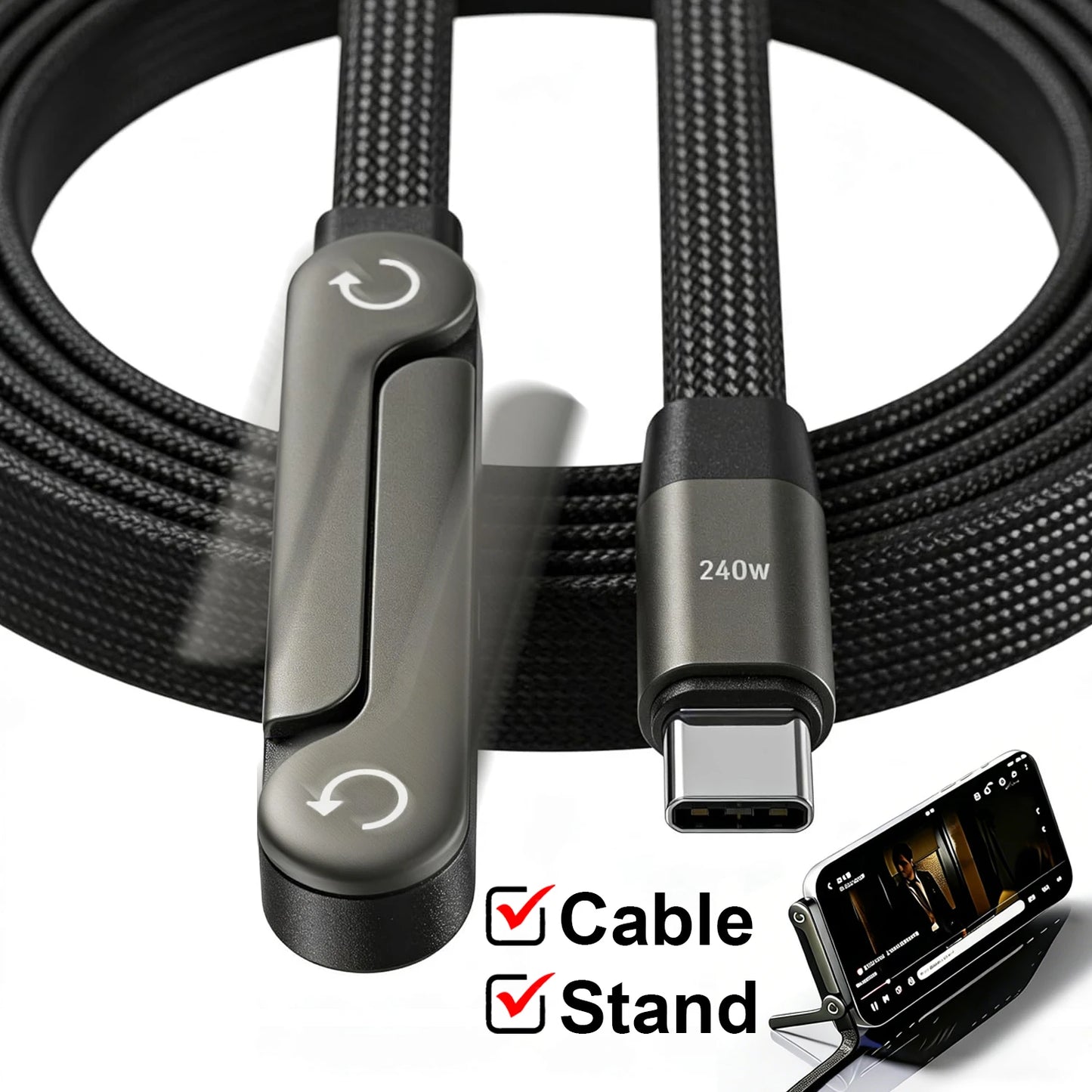 USB-C Fast Charging Cable - Elbow Design, 240W, Type-C To Type-C, Foldable Phone Stand, Back To School 2026 Gift