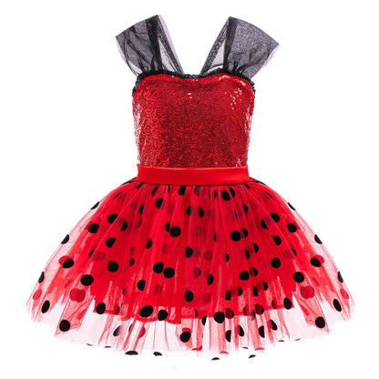 Let pigers Mariehøne cosplay kostume - paliettop med knælængde tylskørt, polyester, til Halloween