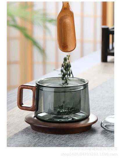 200ml Tea Infuser Cup Heat Resistant Glass Mug Wood Handle