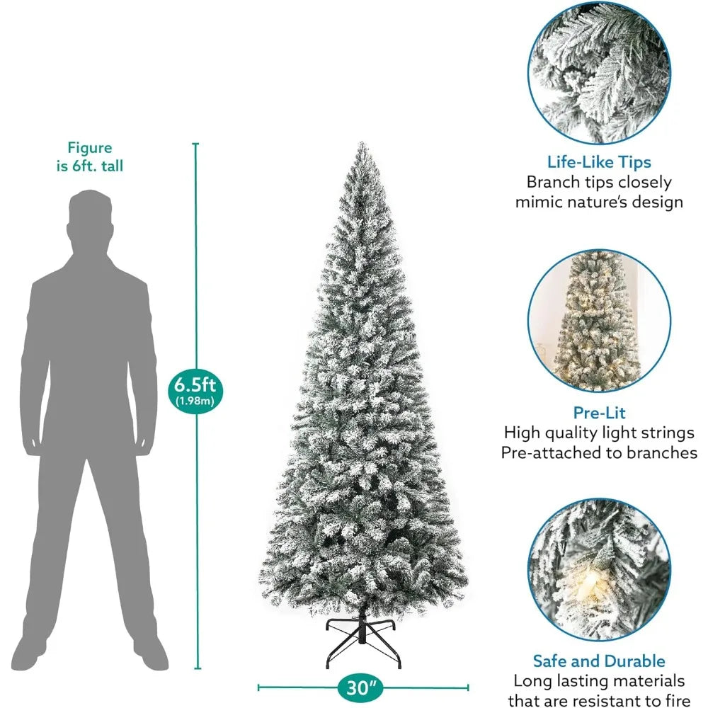 Slim 6.5 ft Prelit Frosted Artificial Christmas Tree with 250 Warm Lights & 864 Branch Tips, 30" Width, Metal Stand