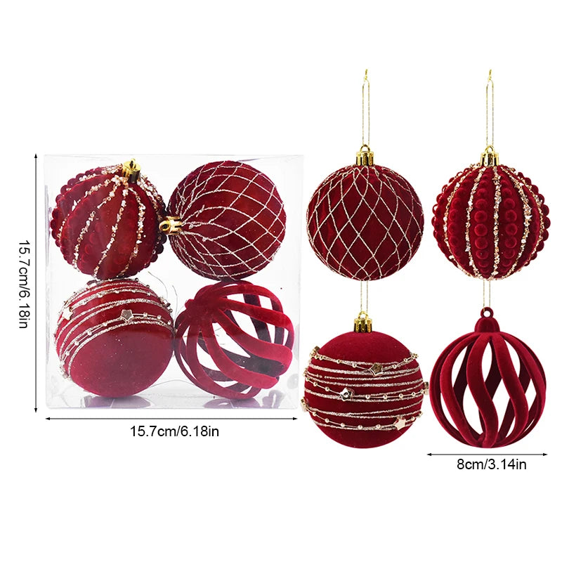 Burgundy Velvet Christmas Ornaments - Flocked Wine Red Balls for Holiday Tree Decor, Wedding & Anniversary Celebrations