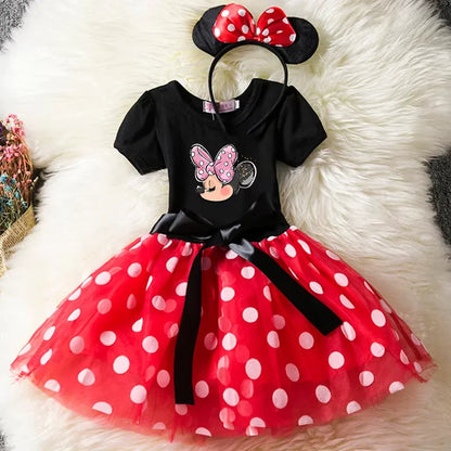 Leichtes Mädchenkleid mit Minnie-Maus-Motiv – knielanger Tupfen-Tutu, Baumwoll-Polyester-Voile, Geburtstagsfeier