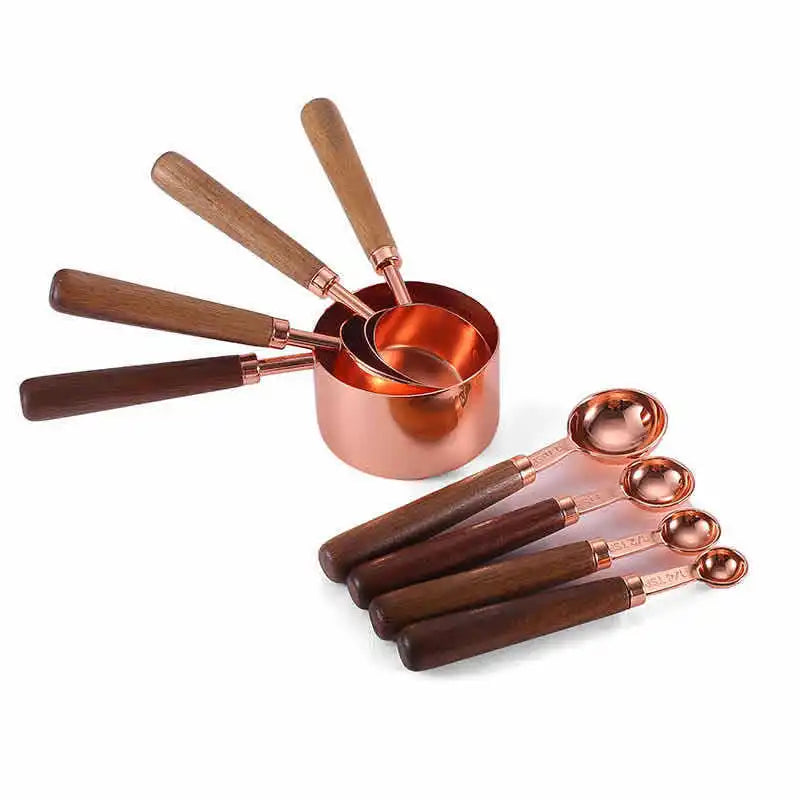 Acacia Wooden Handle Measuring Cups and Rose Gold Measuring Spoon Set - Baking Essentials