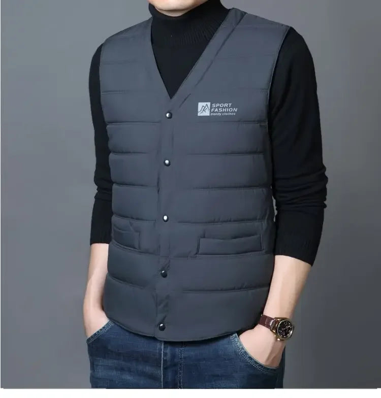 Warm Men's Down Vest - V Neck Quilted Cotton, Winter