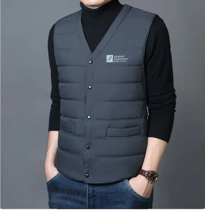 Warm Men's Down Vest - V Neck Quilted Cotton, Winter