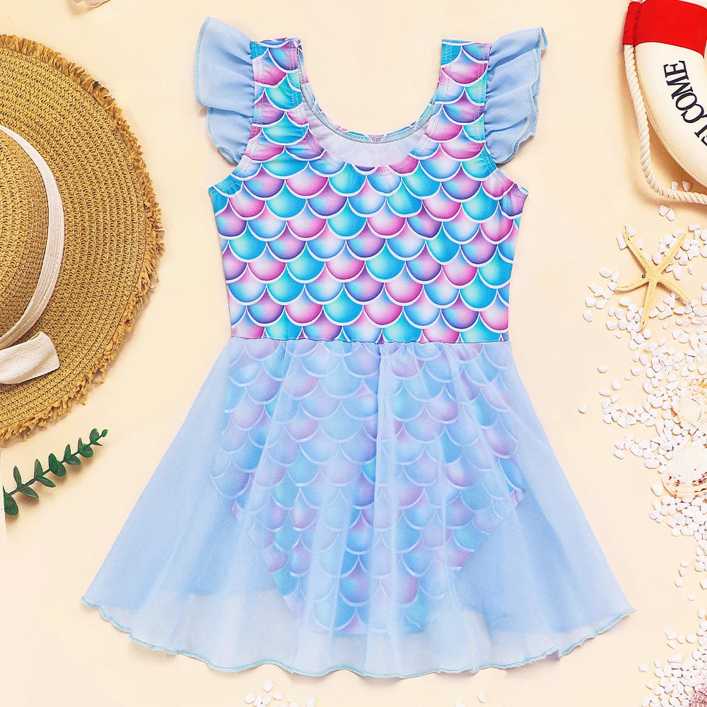 Quick-Dry Durable Girls' One-Piece Swimsuit – Mermaid-Scale Print, Ruffle Sleeves, Tulle, Polyester Elastane, Beach