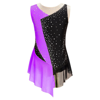 Stretchy Flattering Girls' Dance Leotard - Sleeveless Rhinestone Mesh Top, Polyester, Nylon, Elastane, For Competition