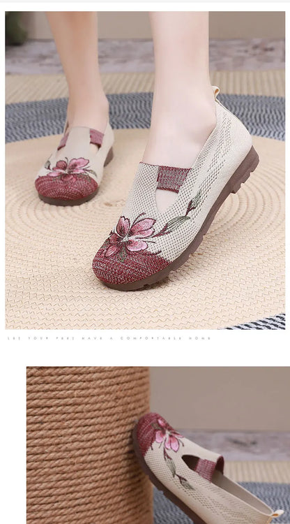 Breathable Women’s Flats - Slip-On Mesh, Embroidered