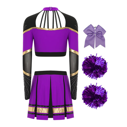 Cosplaykostuum voor cheerleaderoptredens voor vrouwen, crop-top met lange mouwen en geplooide rok met pompons 2026