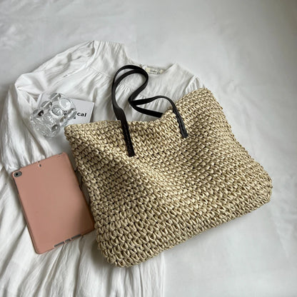 Straw Tote Bag Woven Beach Shoulder Bag Summer 2026 Large Capacity Carryall For Travel And Daily Use