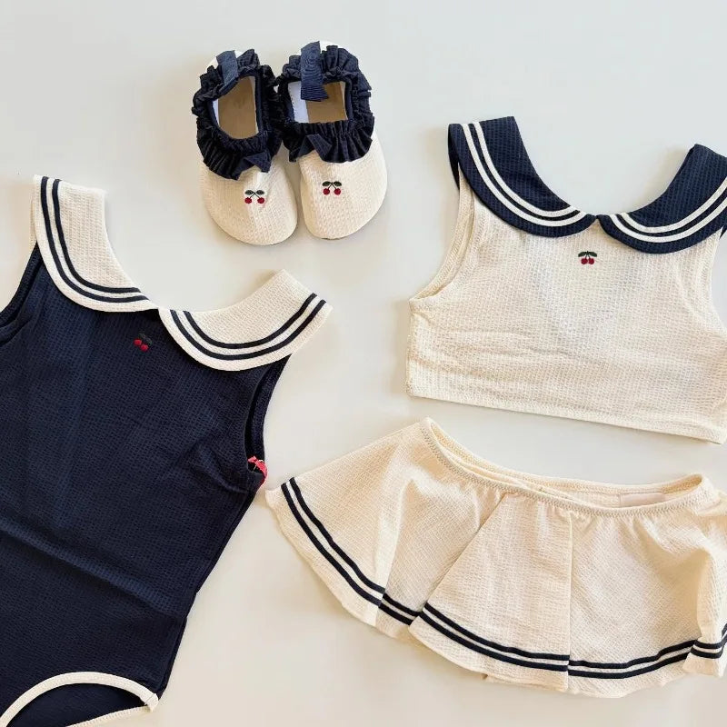 Blødt unisex baby badetøj sæt - klassisk sømand-stil heldragt, top, nederdel og romper, nylon, sommerstranddage