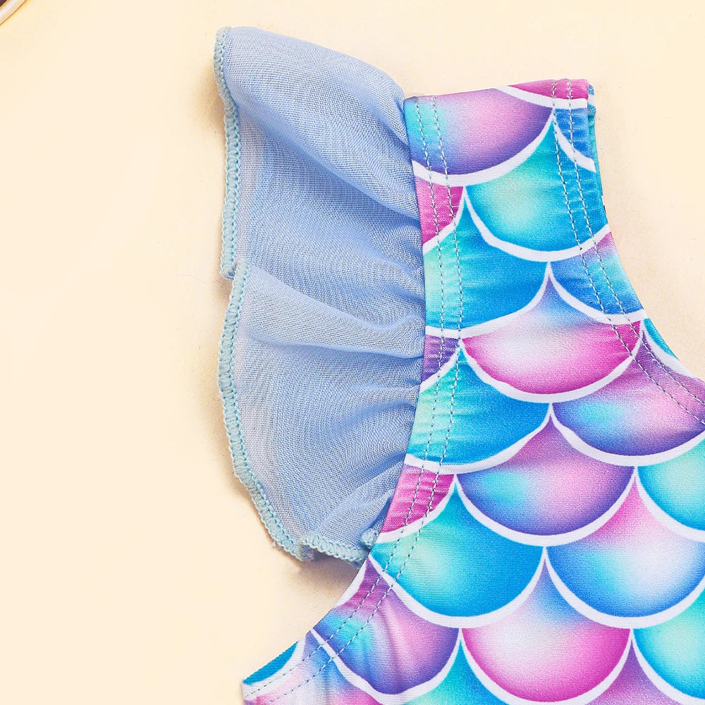Quick-Dry Durable Girls' One-Piece Swimsuit – Mermaid-Scale Print, Ruffle Sleeves, Tulle, Polyester Elastane, Beach