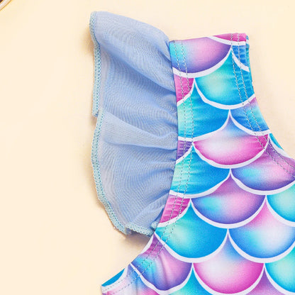 Quick-Dry Durable Girls' One-Piece Swimsuit – Mermaid-Scale Print, Ruffle Sleeves, Tulle, Polyester Elastane, Beach